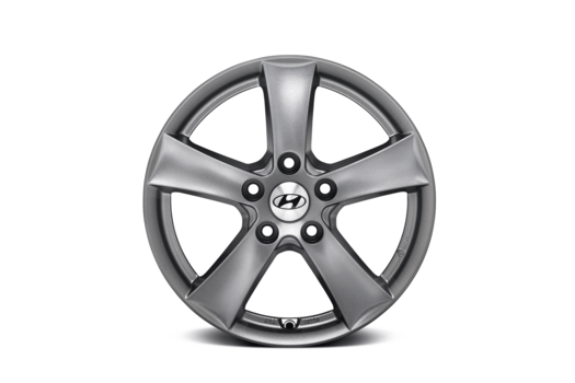 A close up of a hyundai wheel on a white background