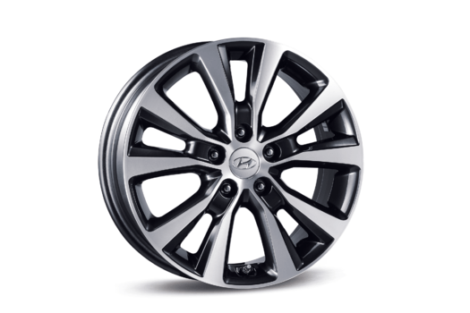 A black and silver hyundai wheel on a white background