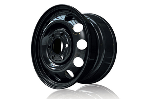 A close up of a black wheel on a white background