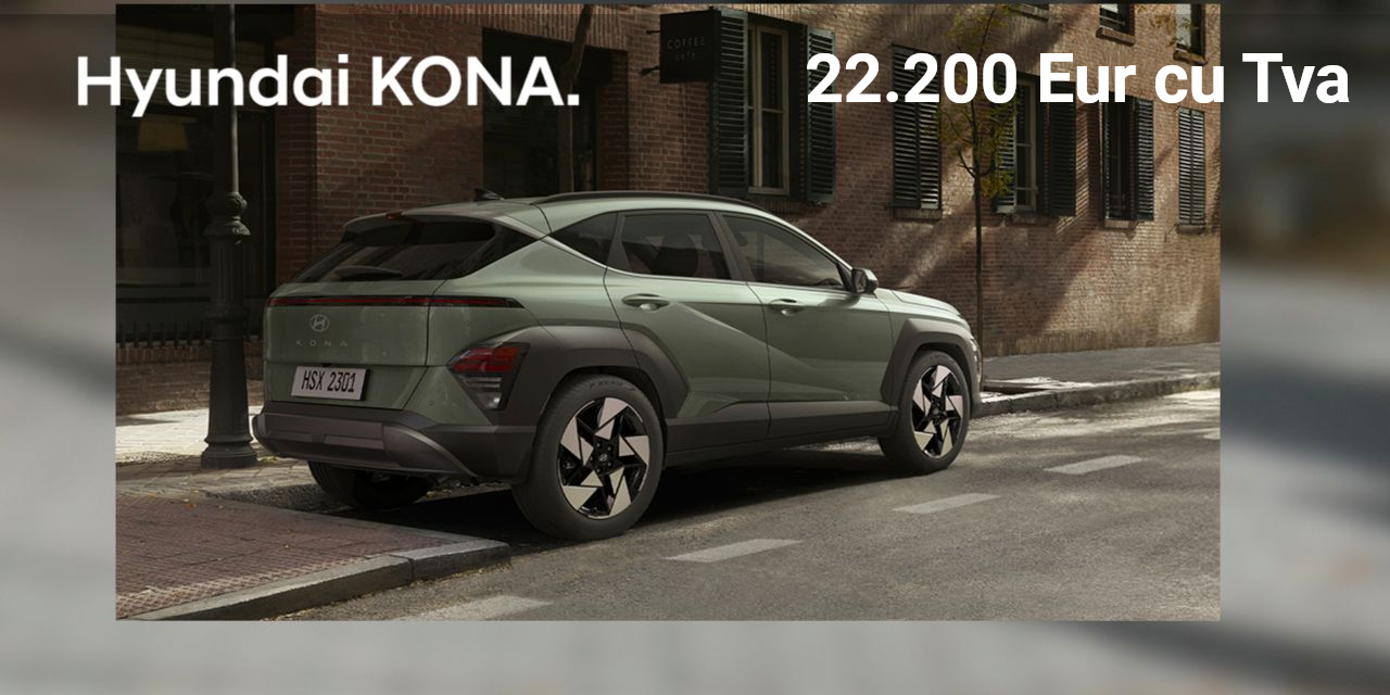A yellow hyundai kona is parked in front of a building.