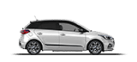 A white car with a black roof is sitting on a white surface.
