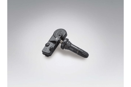 A black tire pressure sensor is sitting on a white surface.