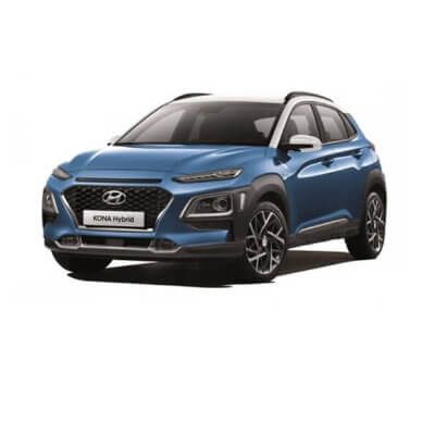 A blue hyundai kona is shown on a white background.