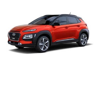 A red hyundai kona is shown on a white background.