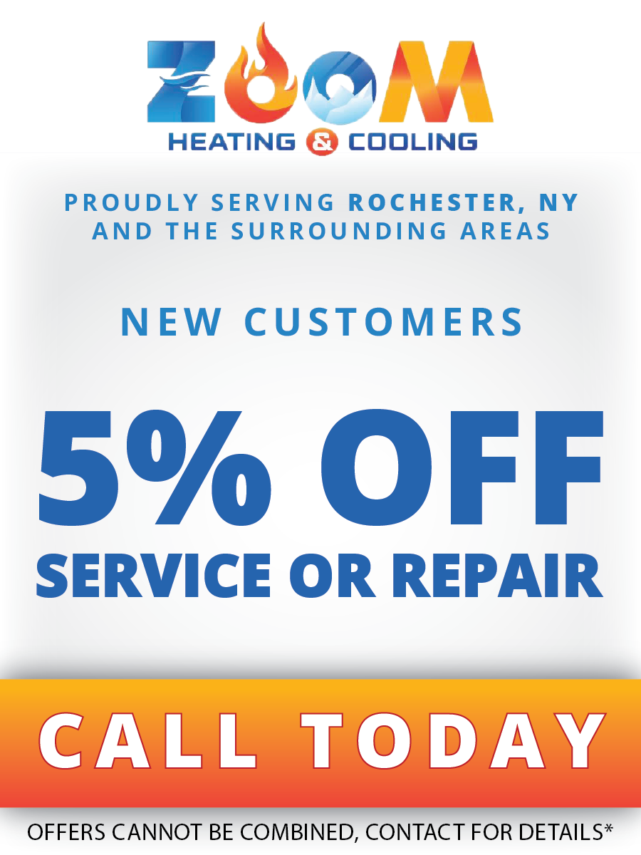 Zoom heating and cooling is offering a 5 % off service or repair for new customers.