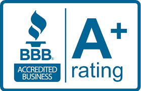 The bbb accredited business rating logo is blue and white