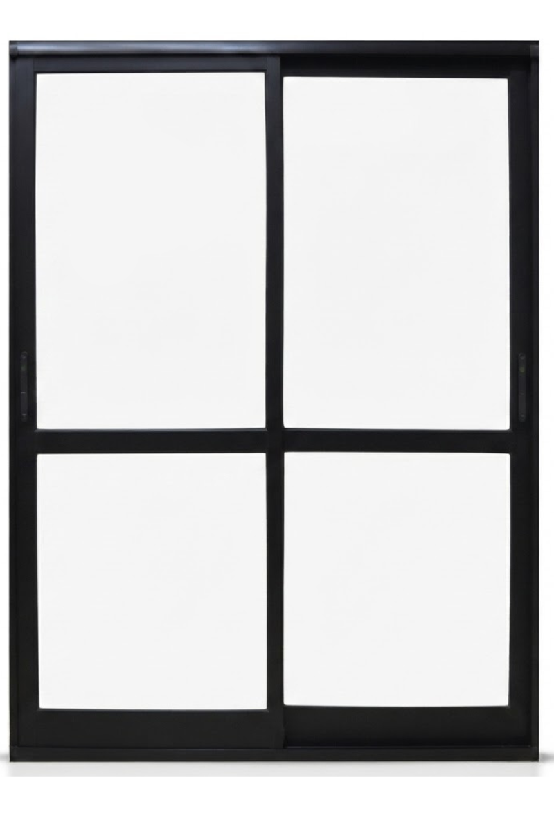 Ventana de cuatro paneles con marco negro y paneles de vidrio esmerilado blanco.