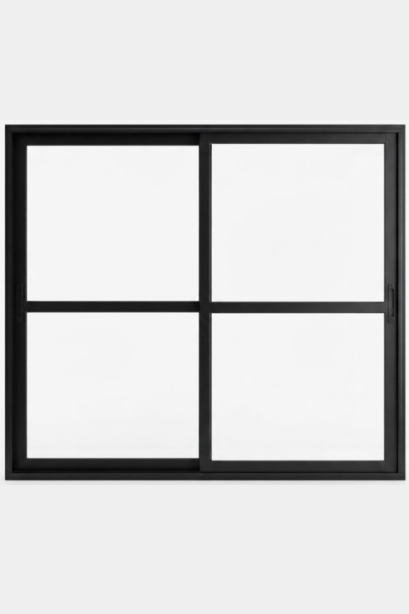 Ventana de cuatro paneles con marco negro y paneles de vidrio blanco.
