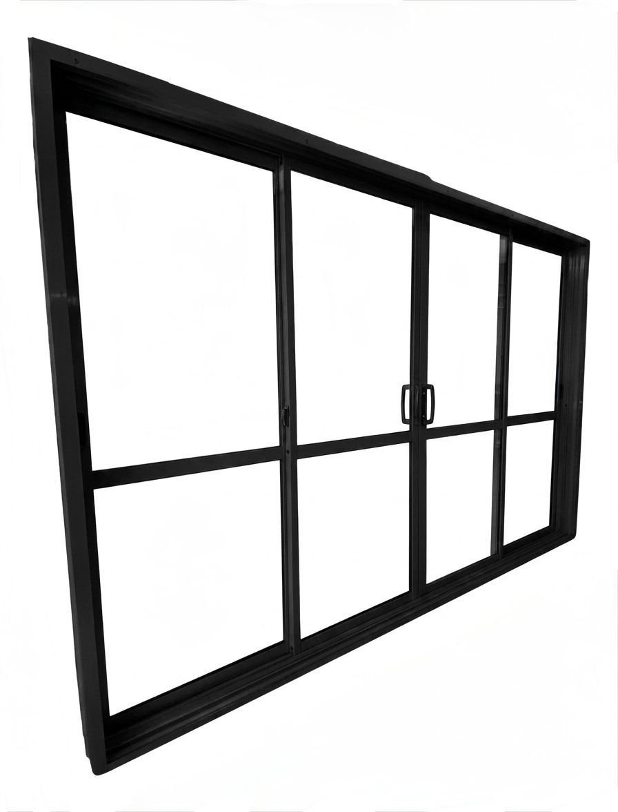 Ventana corredera de cristal con marco negro y cuatro paneles sobre fondo blanco.