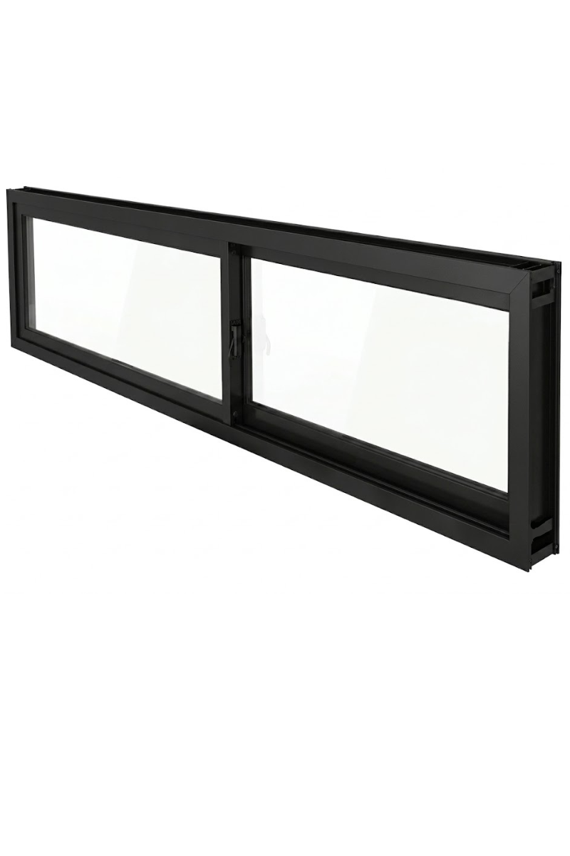 Marco de ventana horizontal rectangular blanco de doble panel con pestillo central sobre fondo liso.