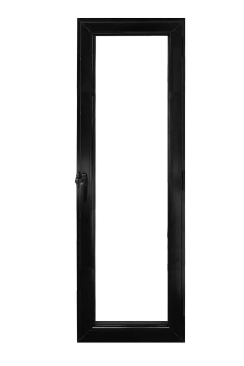Puerta de cristal con marco negro y un estrecho panel de ventana vertical.