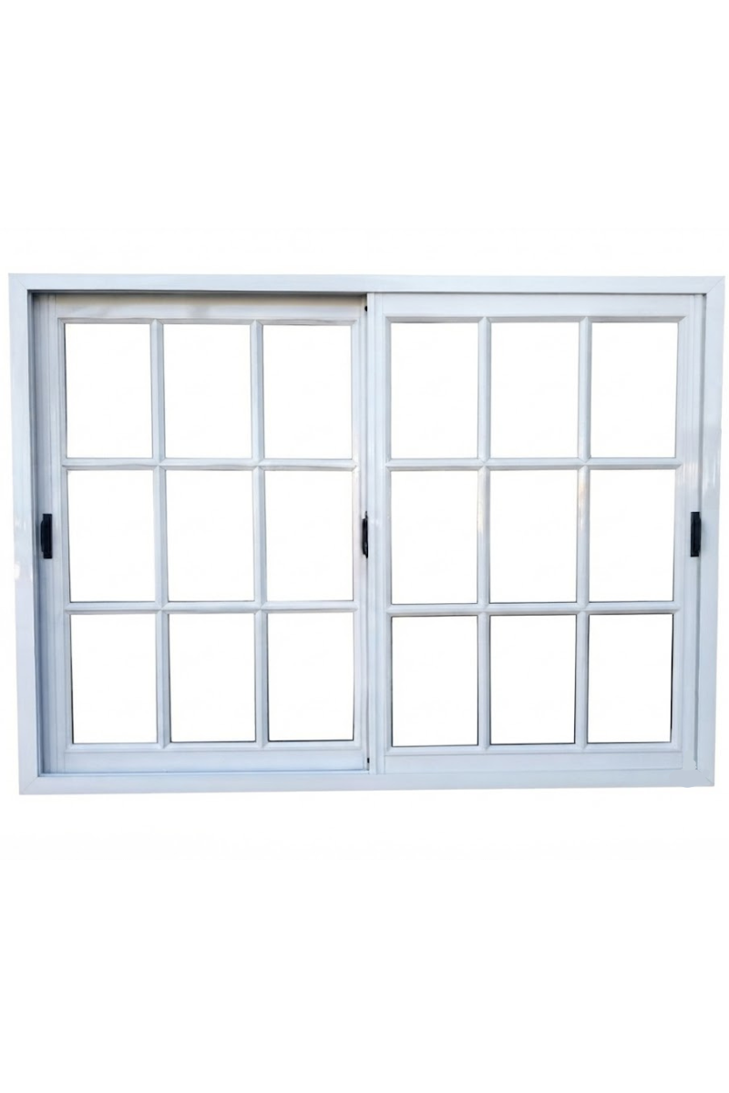 Ventana corredera blanca con dos paneles y tiradores negros sobre un fondo liso.
