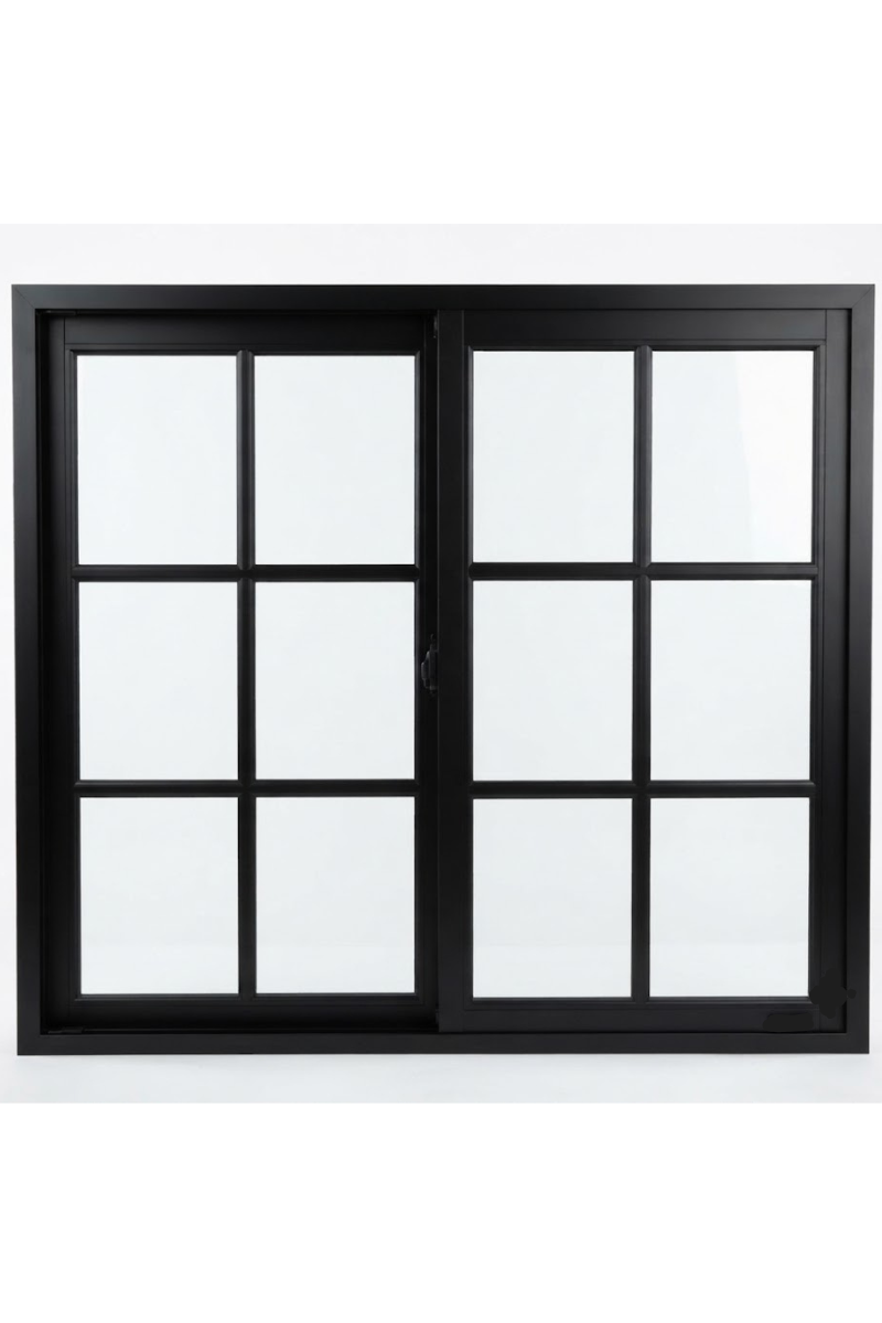 Ventana corredera blanca con dos paneles y tiradores negros sobre un fondo liso.