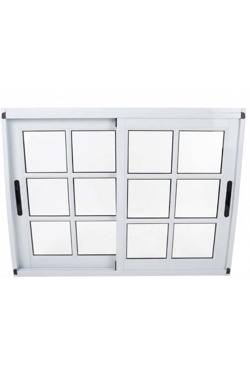 Ventana corredera blanca con cuatro paneles a cada lado y tiradores negros.