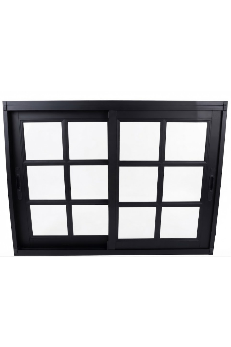 Ventana corredera blanca con cuatro paneles a cada lado y tiradores negros.