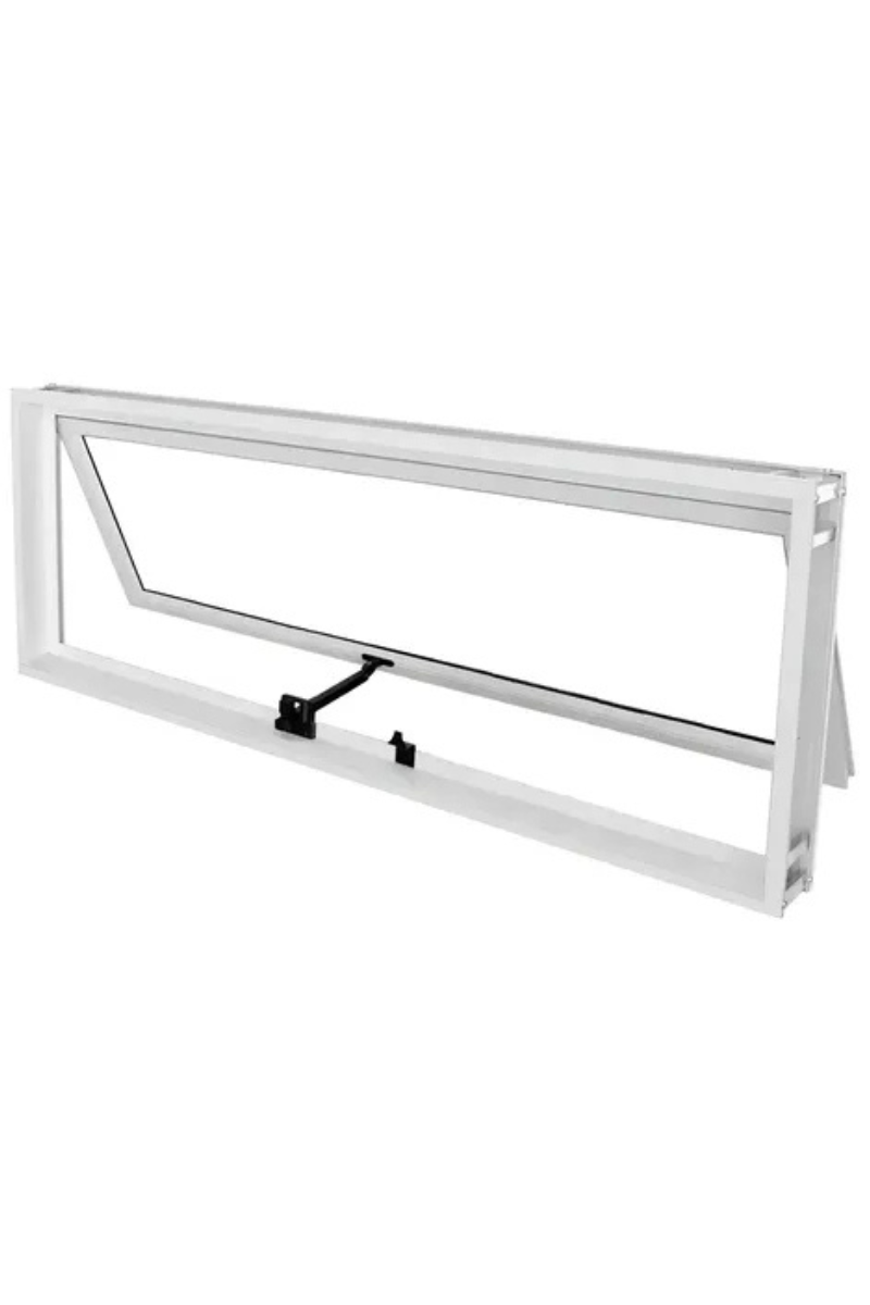 Ventana blanca tipo toldo que se abre hacia afuera, con brazos de soporte de metal sobre un fondo liso.