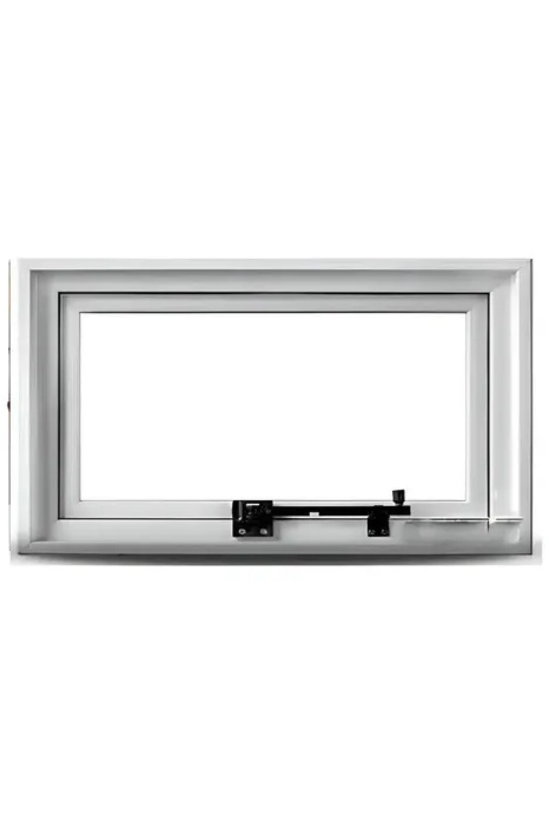 Marco de ventana rectangular blanco con un pestillo negro en la parte inferior.