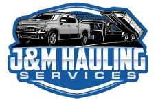 Logo for J&M Hauling Services featuring a white pickup truck towing a dump trailer in blue and white lettering.