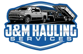 Logo for J&M Hauling Services featuring a white pickup truck towing a dump trailer in blue and white lettering.