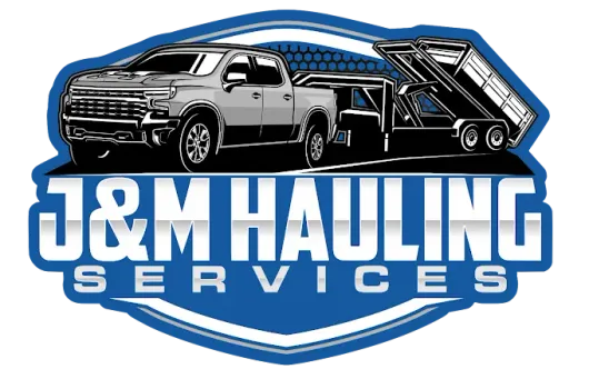 Logo for J&M Hauling Services featuring a white pickup truck towing a dump trailer in blue and white lettering.