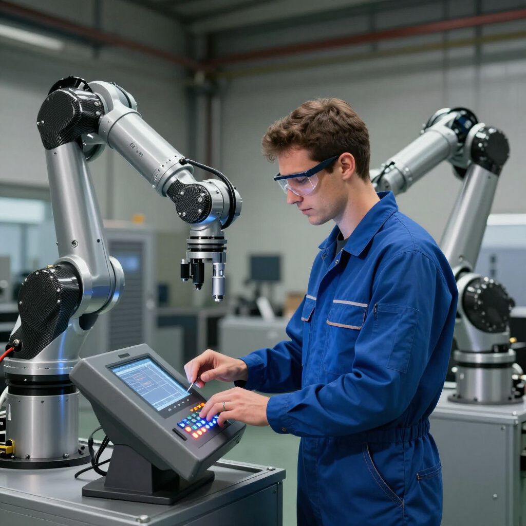 Man in blue overalls operating a control panel near two robotic arms in a factory setting.