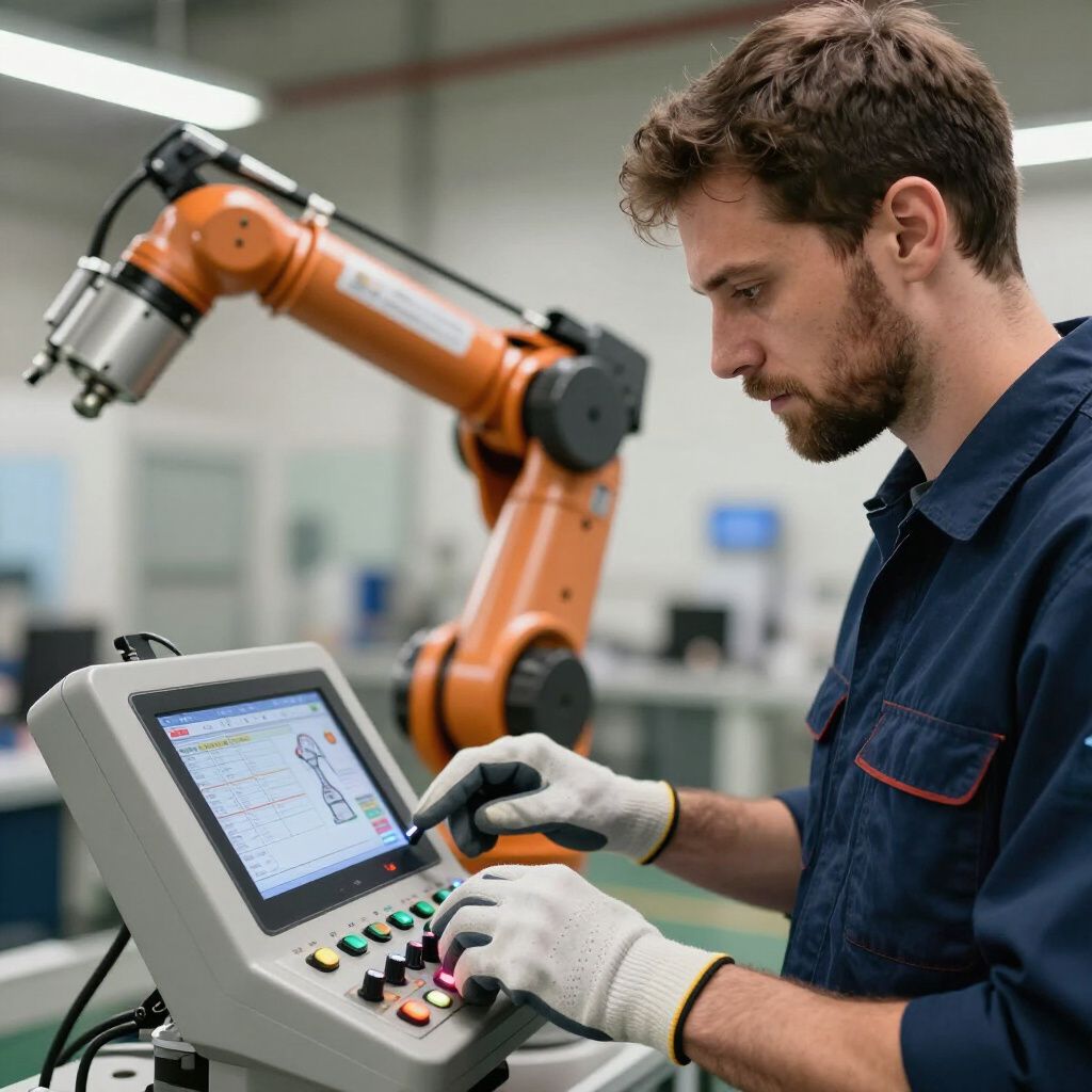 Man in work clothes operating a robotic arm's control panel, wearing gloves, factory setting.