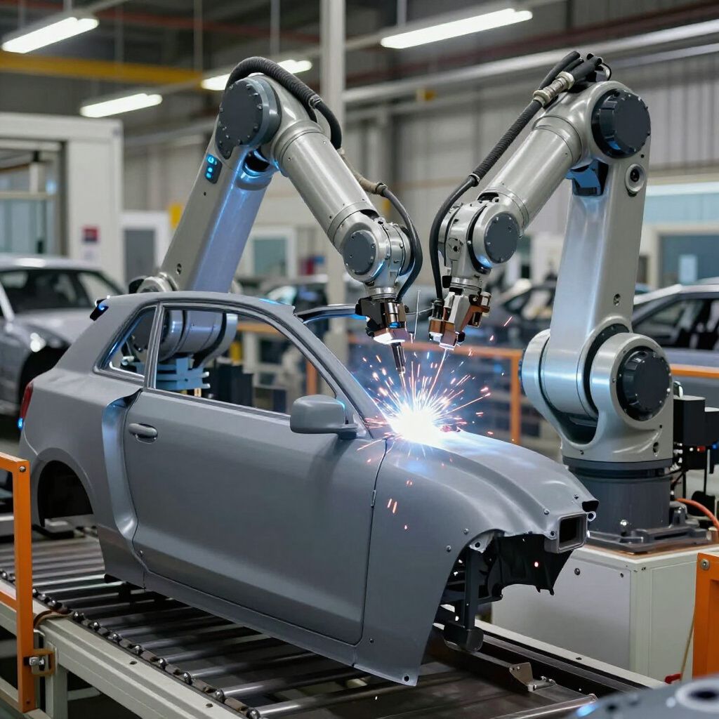Robotic arms welding a car body on an assembly line. Sparks fly, other cars in background.