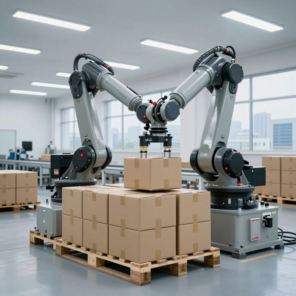 Robotic arms lifting a cardboard box in a warehouse setting, with several boxes on a pallet.