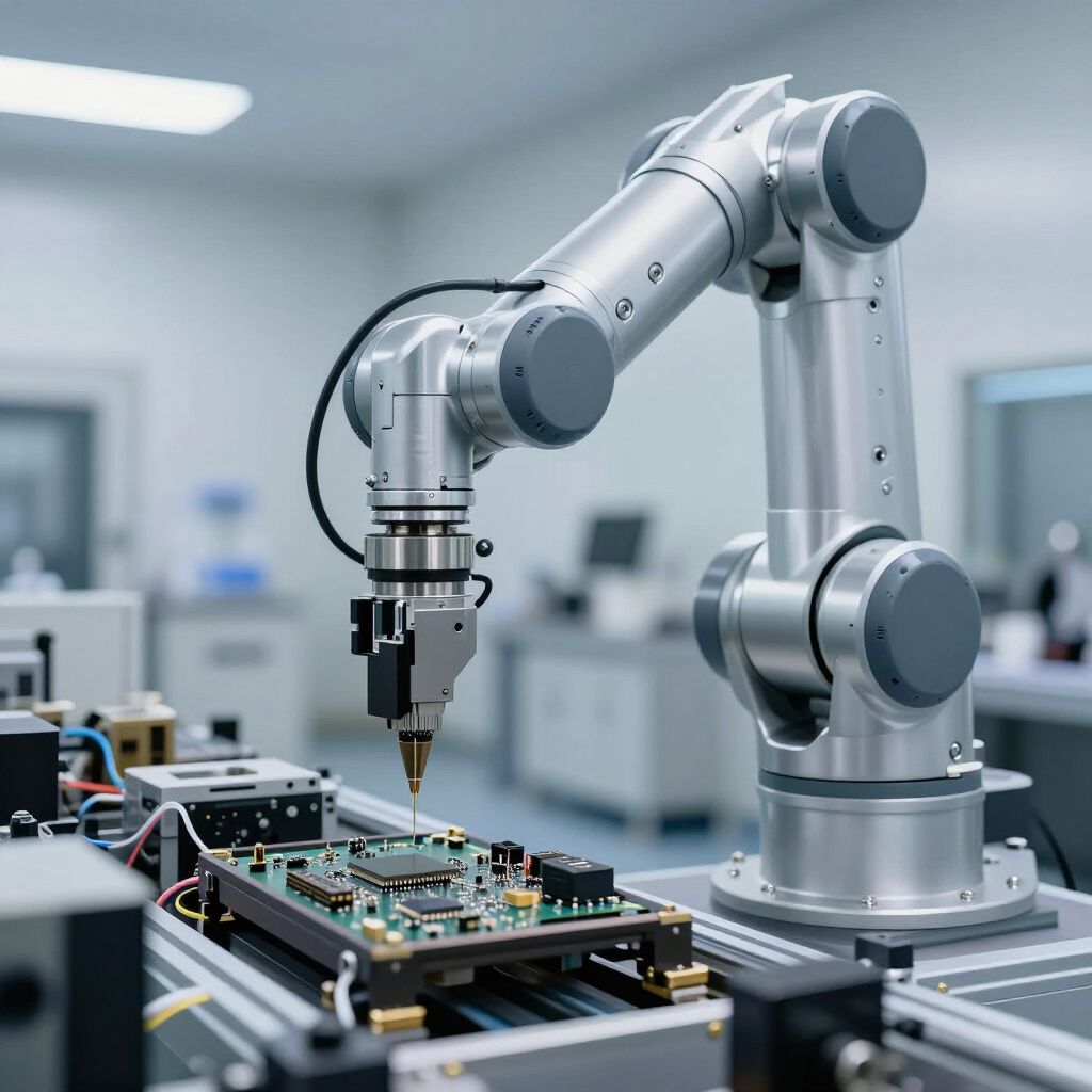 Robotic arm working on a circuit board in a lab setting.