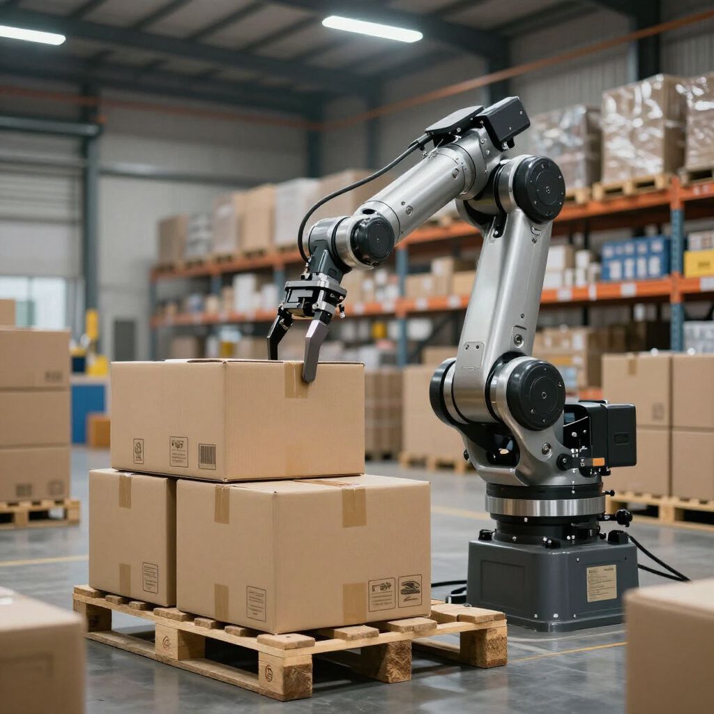 Robot arm in a warehouse picks up a cardboard box from a pallet, other boxes and shelves visible in background.
