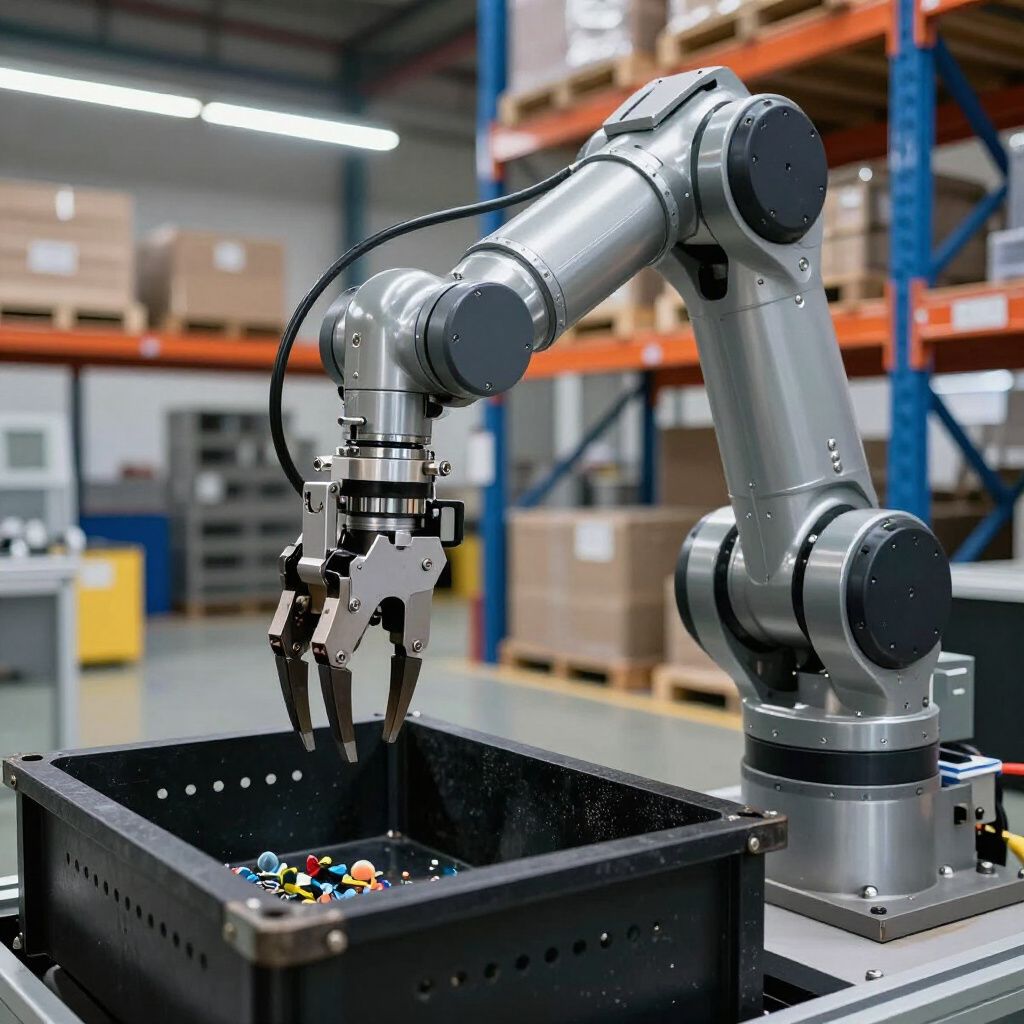 A robotic arm in a warehouse picking objects from a bin.