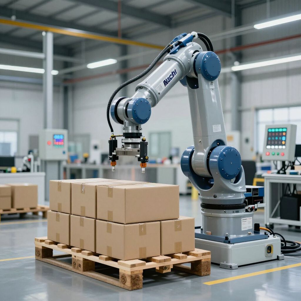 Robot arm stacks cardboard boxes on a wooden pallet in a factory setting.