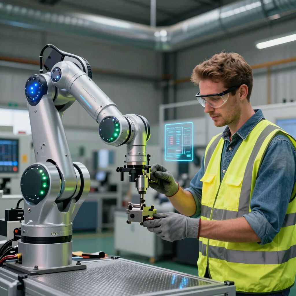 Man in safety vest operates industrial robot in a factory setting.