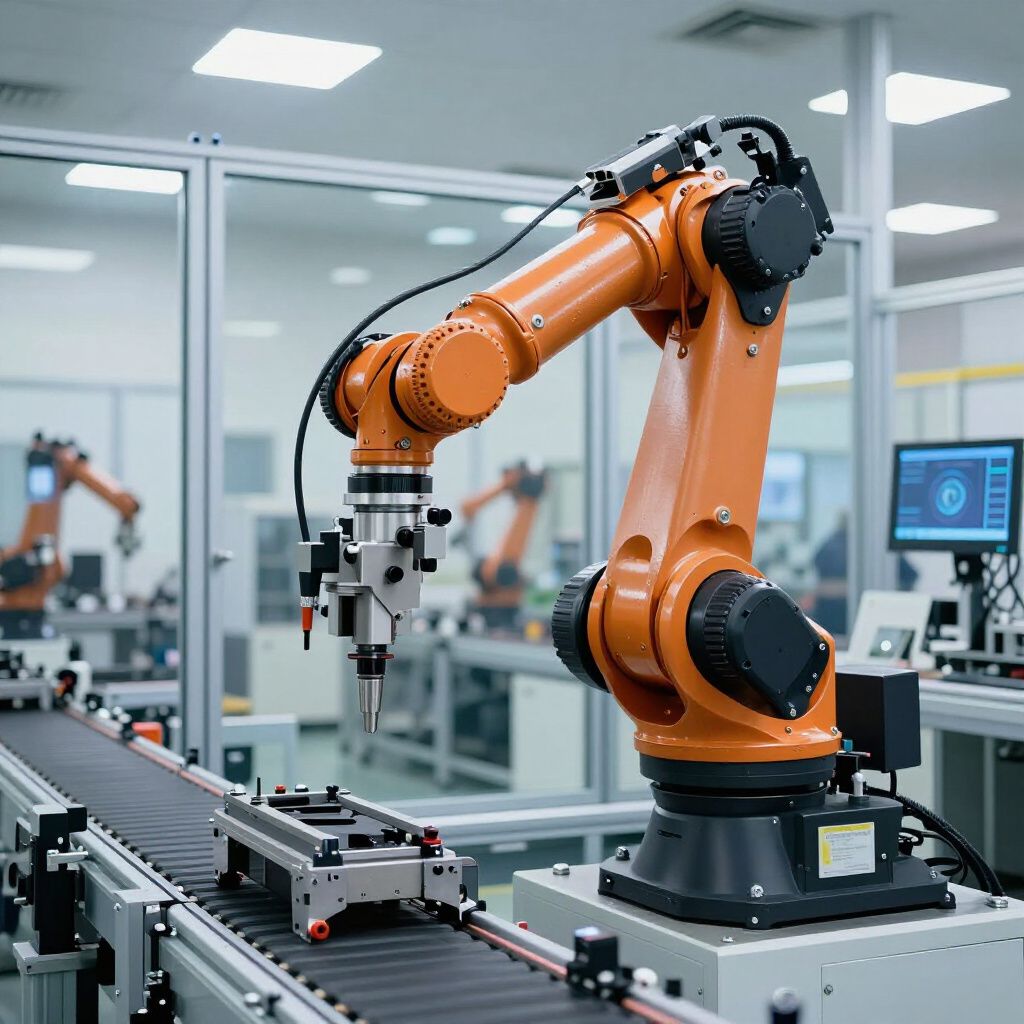 Orange robotic arm on a conveyor belt in a factory setting, with other robots visible.