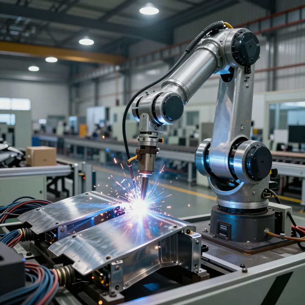 Welding robot in a factory setting, welding metal components with bright sparks and blue light.
