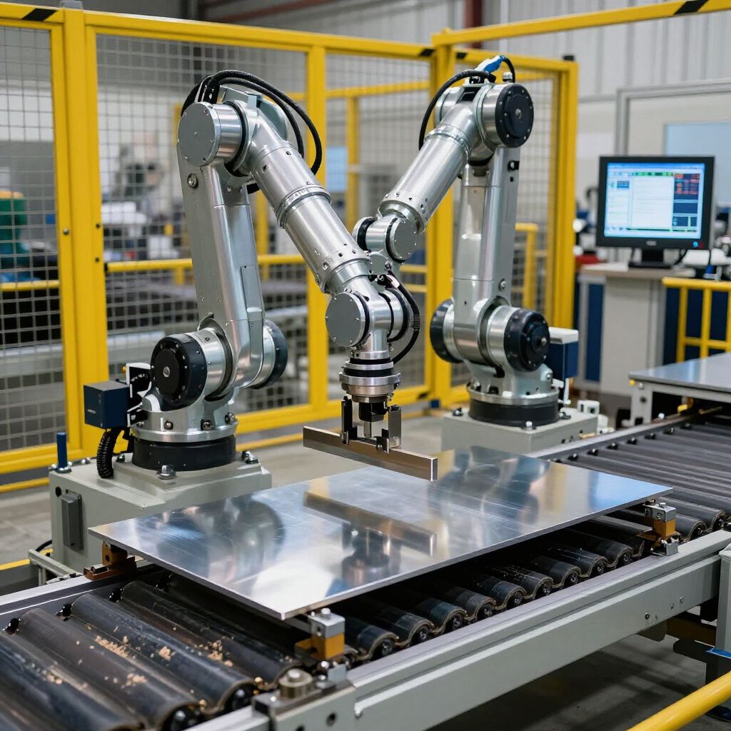 Two industrial robots working together on a metal sheet on a conveyor belt in a factory.