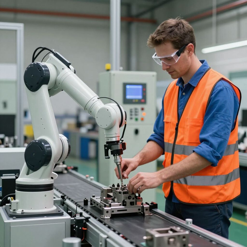 Man in orange vest and safety glasses working on a robot arm in a factory setting.