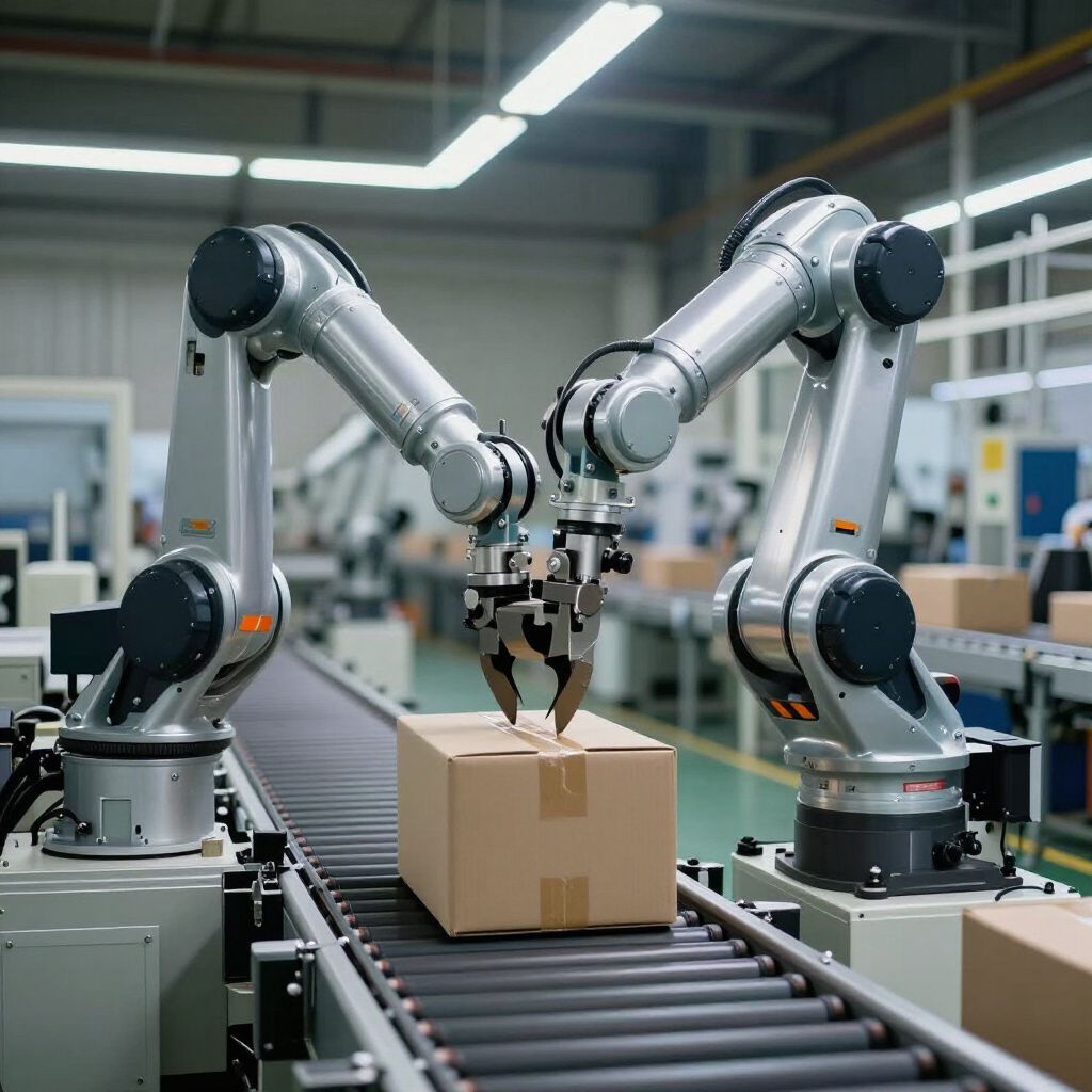 Two robotic arms grasping a cardboard box on a conveyor belt in a factory.