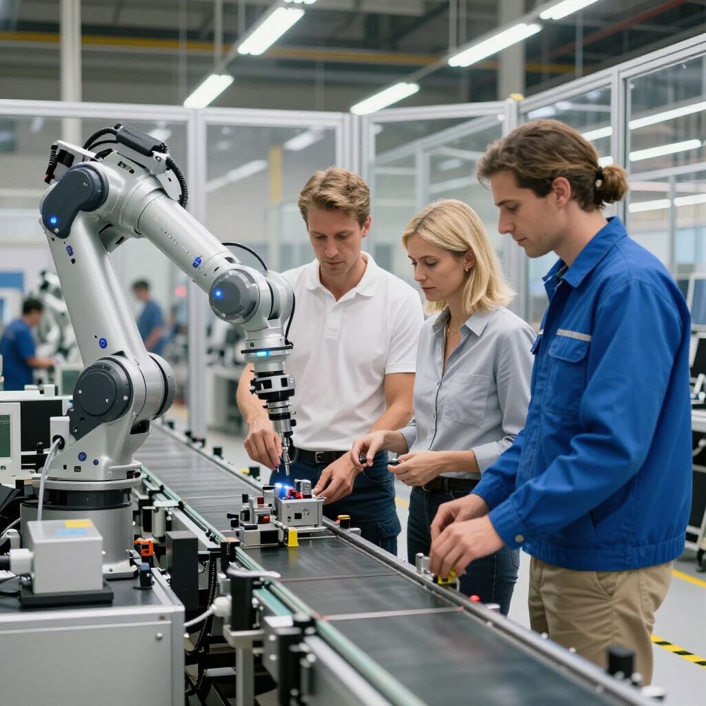 Factory workers and a robot arm inspect parts on a conveyor belt.