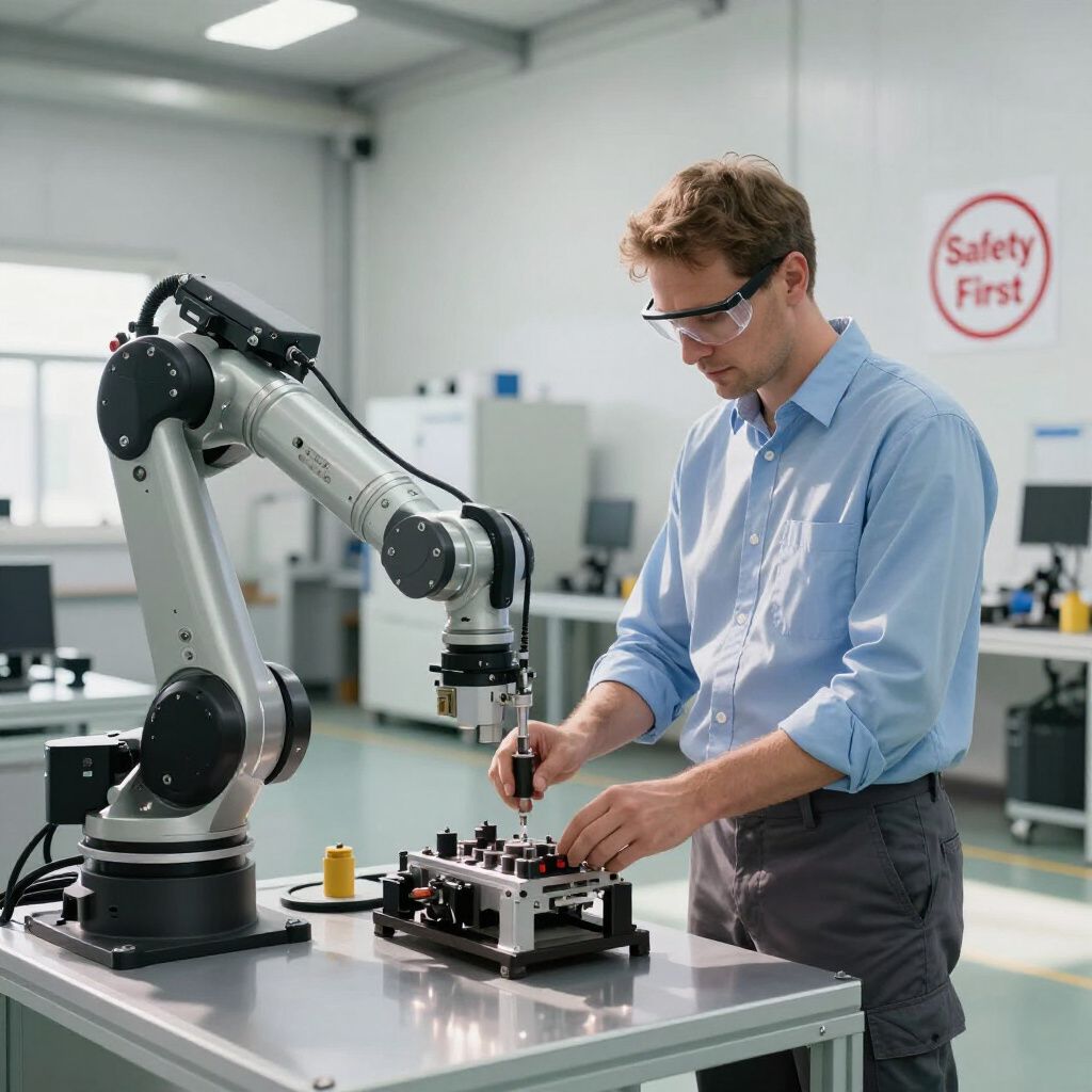 Man in safety glasses working with a robotic arm in a manufacturing setting.