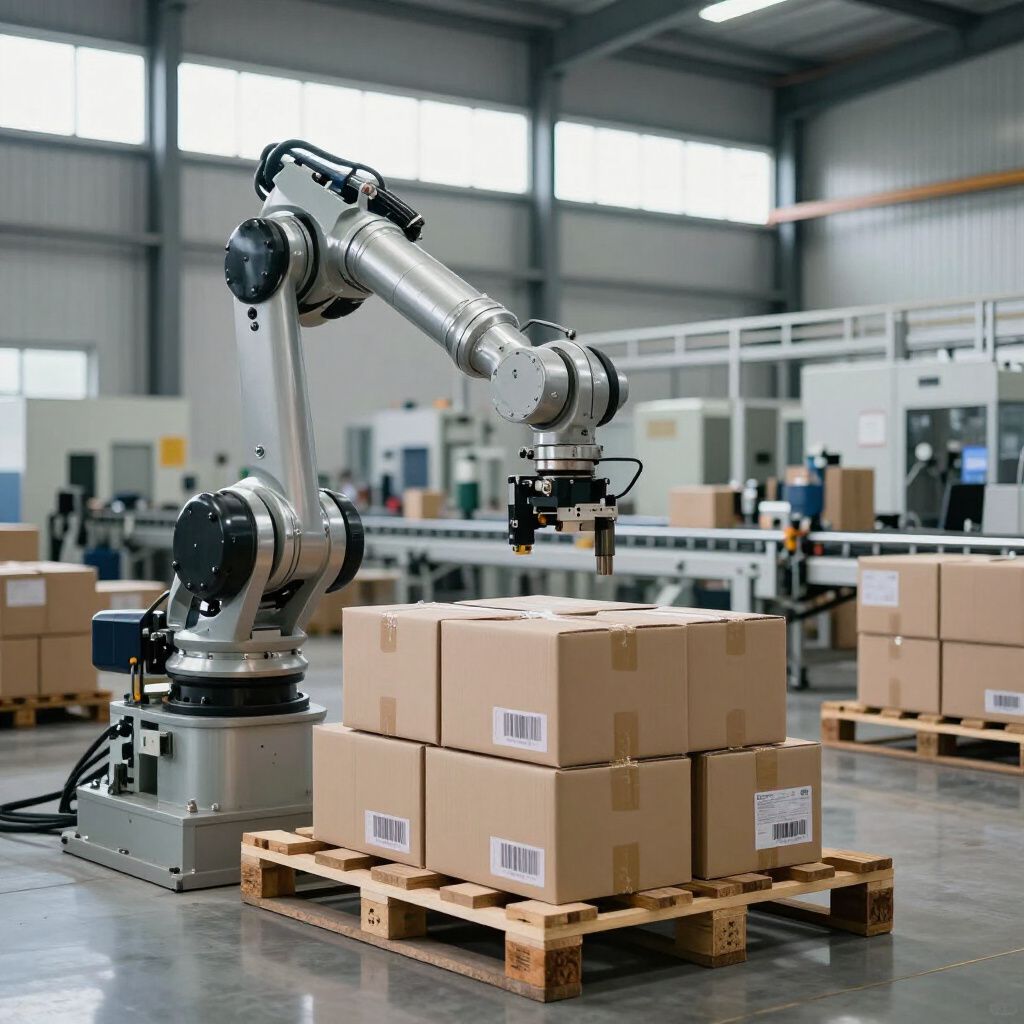 Industrial robot arm stacking cardboard boxes on a pallet in a warehouse.