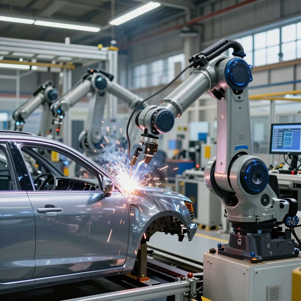 Robotic arms welding a car frame in a factory setting. Sparks are visible.
