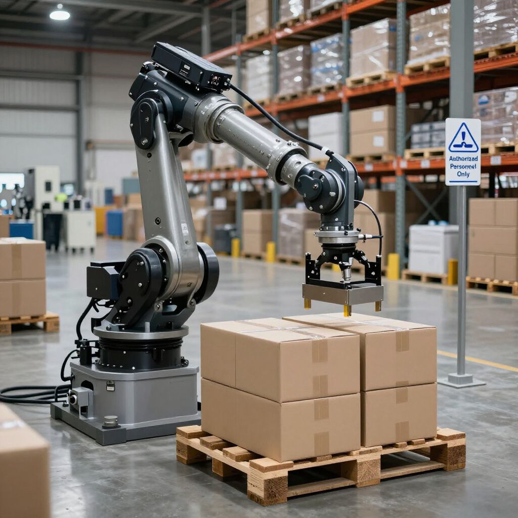 Robot arm placing cardboard boxes onto a pallet in a warehouse.