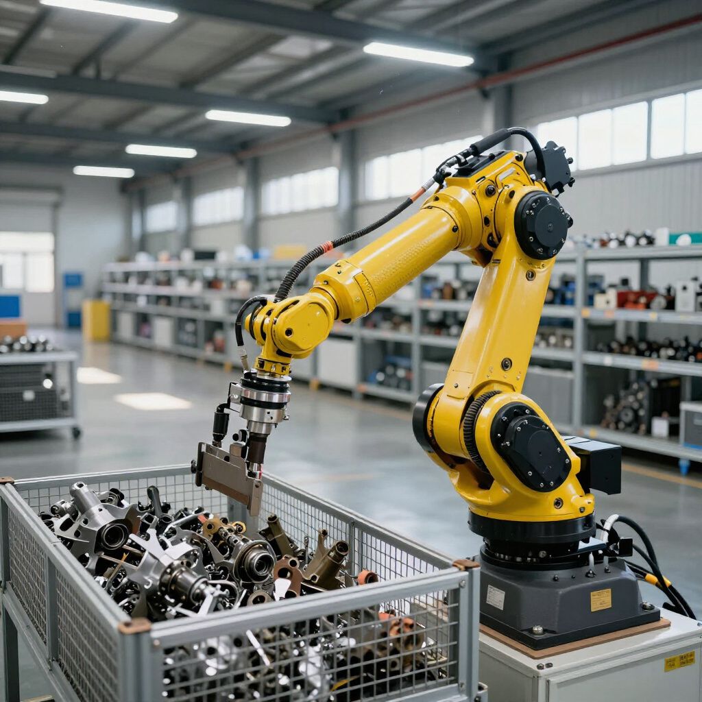 Yellow industrial robot arm sorts metal parts in a factory warehouse.