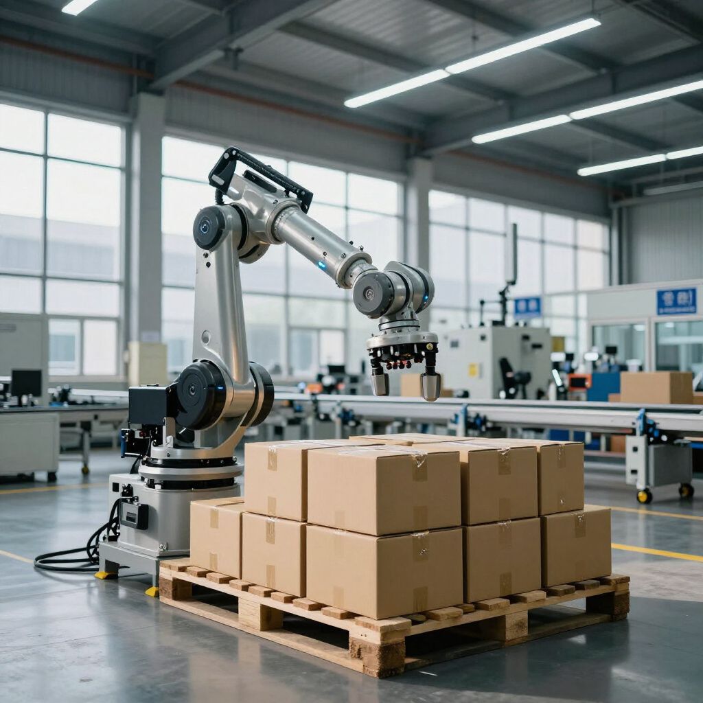 Robot arm stacking cardboard boxes on a pallet in a factory setting.