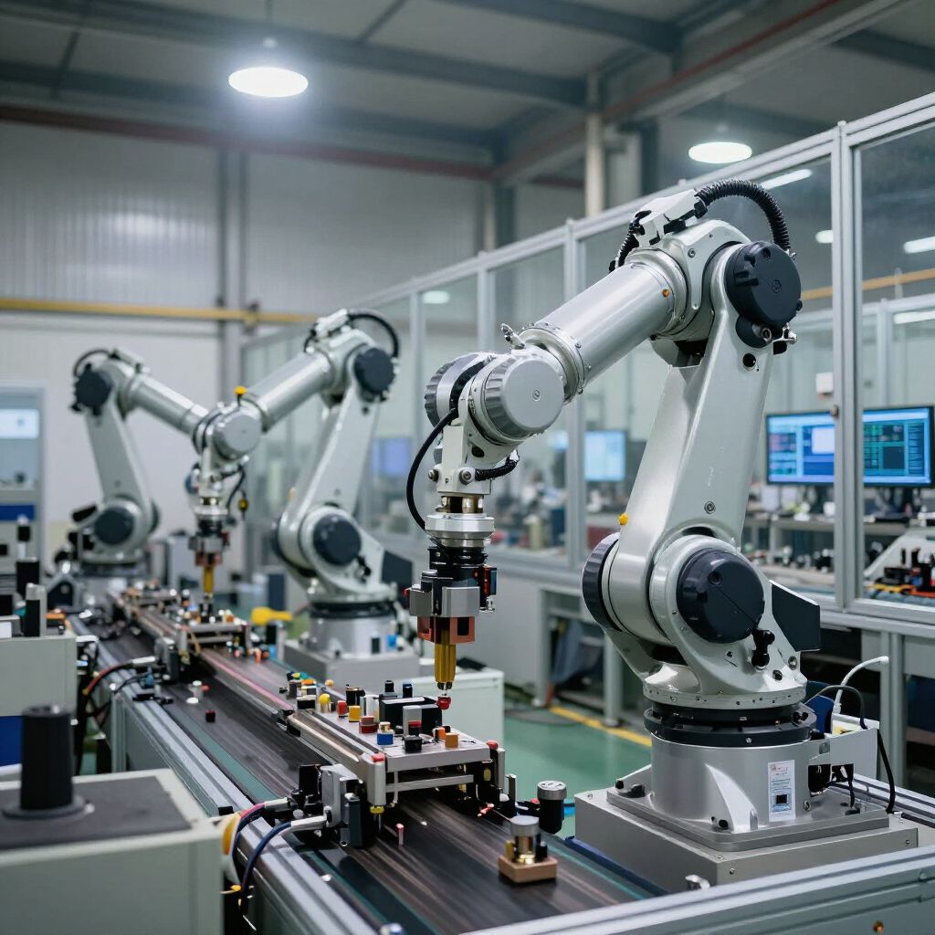 Robotic arms on assembly line, industrial setting.