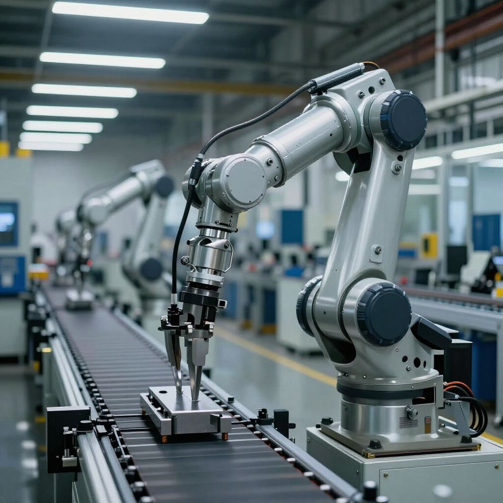Robotic arms on an assembly line in a factory, handling metal objects on a conveyor belt.