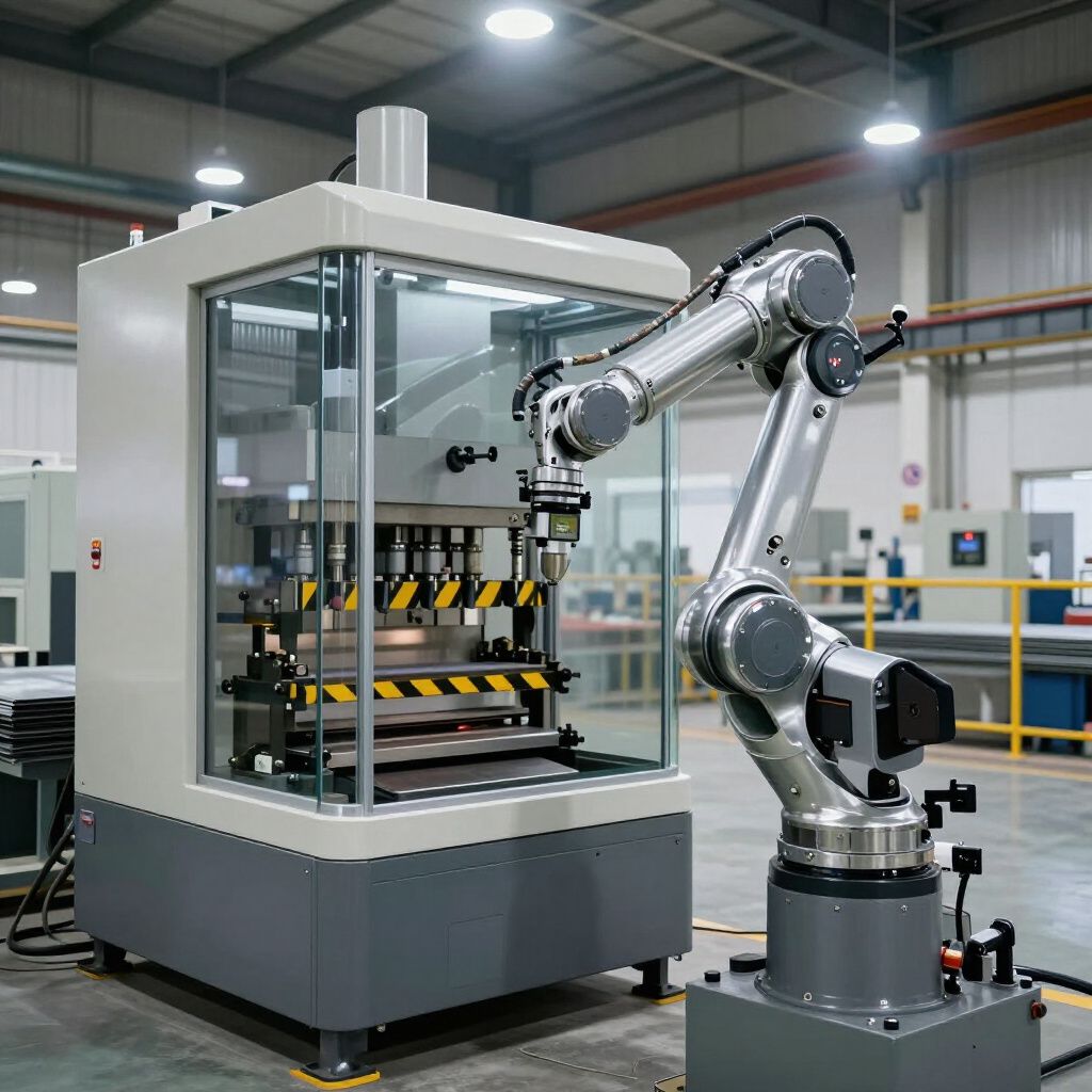 Robot arm working with a machine in a factory setting.