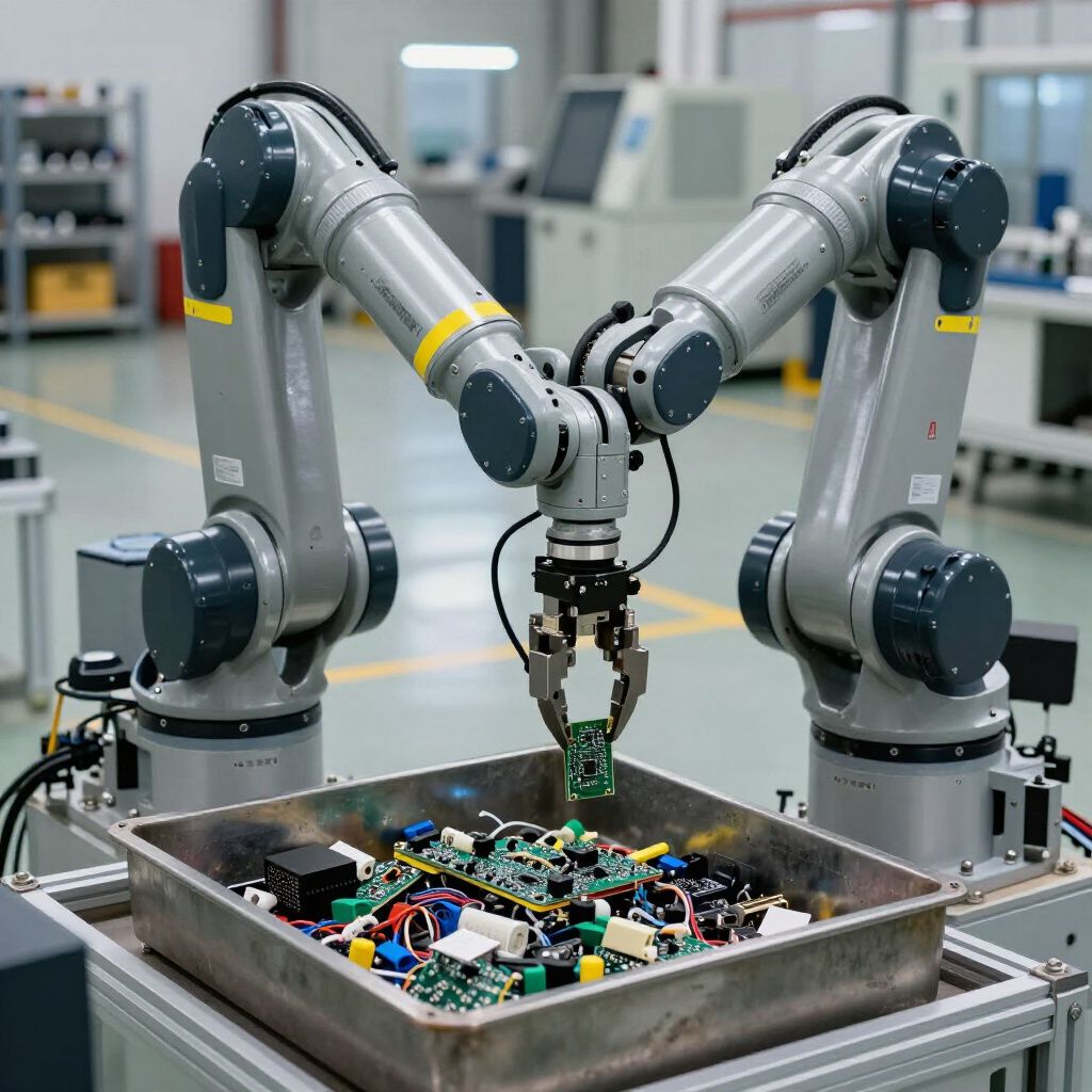 Two robotic arms assembling circuit boards in a factory setting.