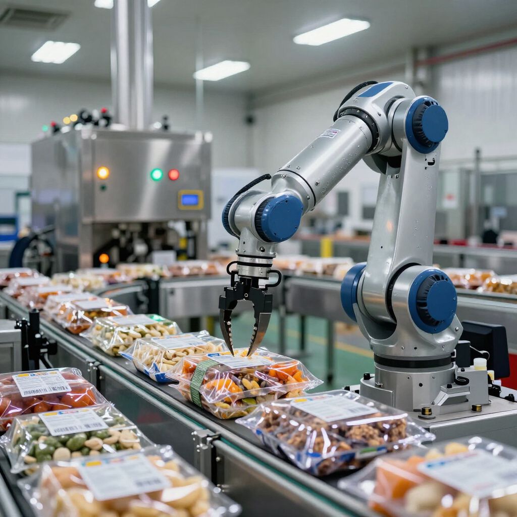 Robot arm on a food packaging assembly line, picking up a package. Conveyor belt with packaged food. Industrial setting.
